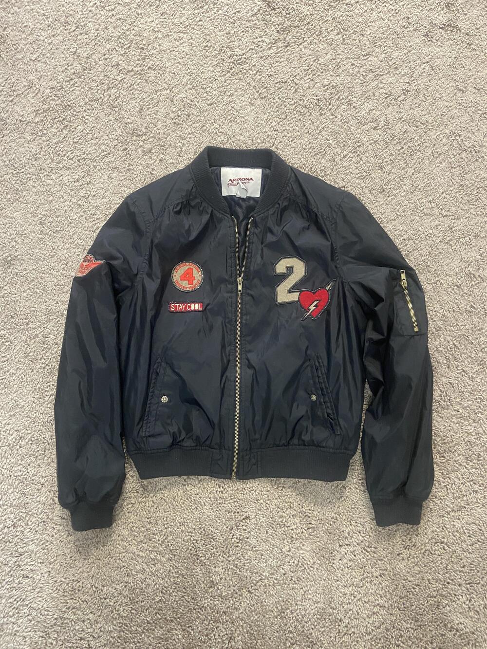 Arizona Jean Co. Jacket Womens Medium Black Bomber Patches Zip Lined Casual